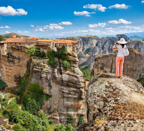 Meteora, Greece. Mountain scenery with Meteora rocks and Roussanou Monastery, landscape place of monasteries on the rock, orthodox religious greek landmark in Thessaly. (cge2010)
