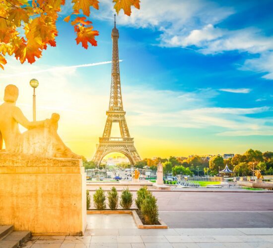 Eiffel Tower from Trocadero garden at autumn sunrise, Paris, France