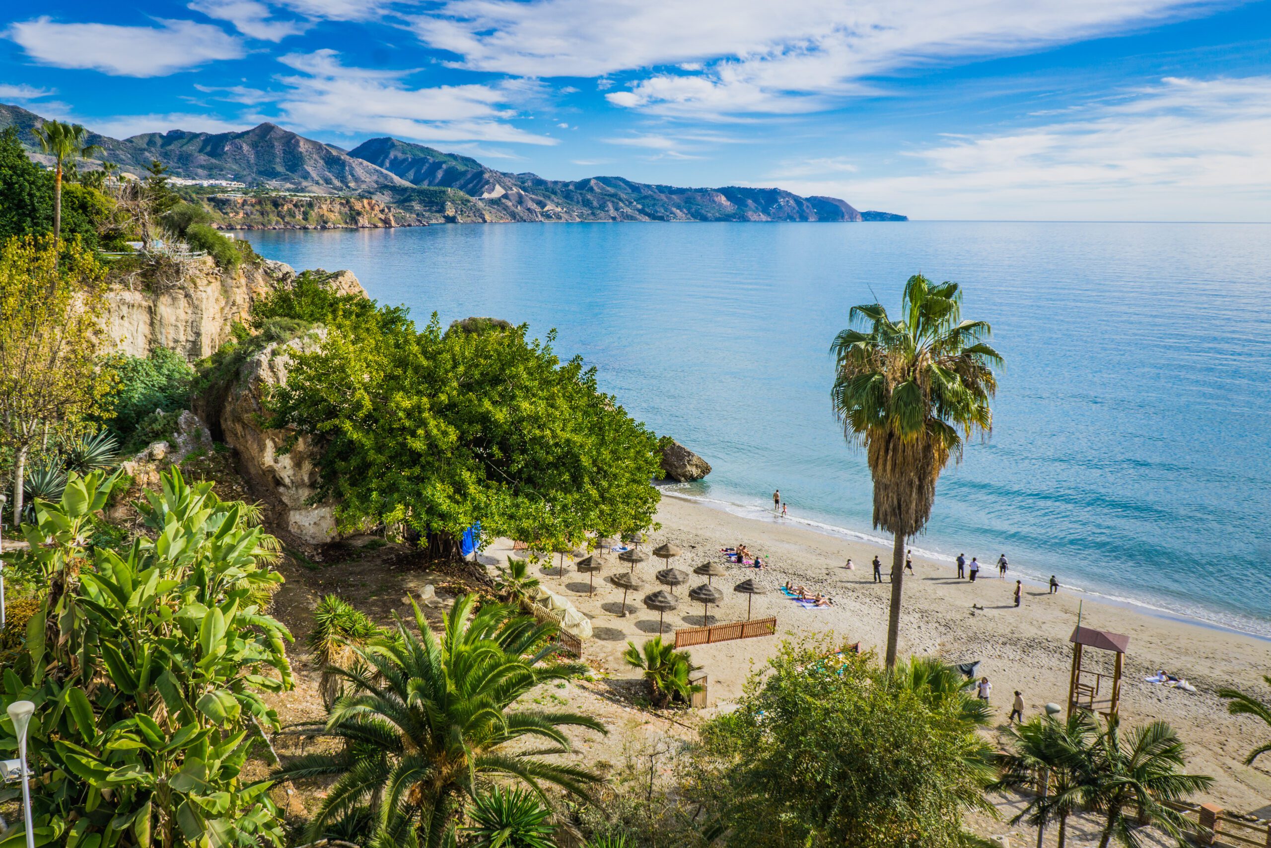 View on Nerja and the Costa del Sol blue waters from the Balcon de Europa in Andalucia