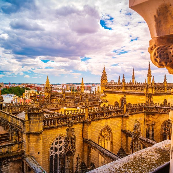 Spain Tours for Seniors / Aerial view of Seville city and Cathedral of Saint Mary of the See in Seville, Andalusia, Spain, Europe