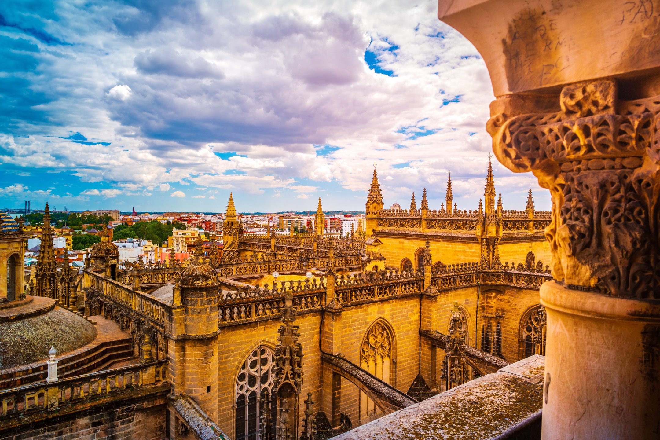 Aerial view of Seville city and Cathedral of Saint Mary of the See in Seville, Andalusia, Spain, Europe