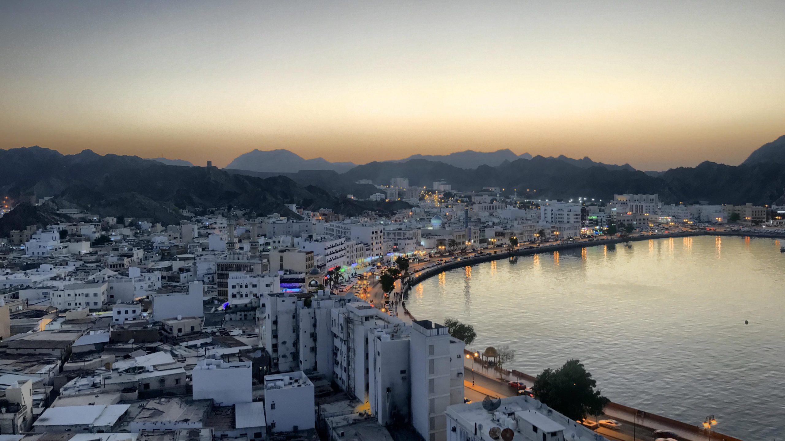 A sunset view of the Oman coast from above